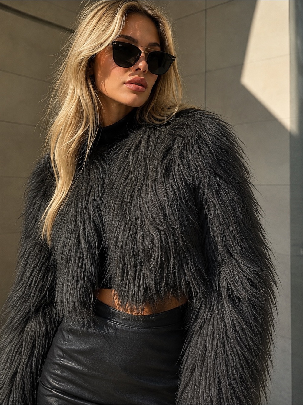 Rinascimento Made in Italy Black Faux Fur Cropped Jacket – XS